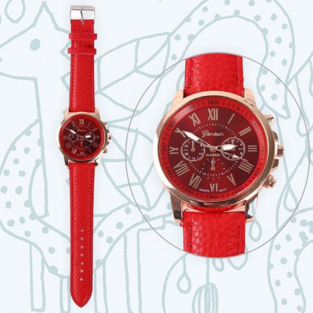 RED & ROSE GOLD GENEVA PLATINUM WRISTWATCH FOR WOMEN COPY PU LEATHER CASUAL